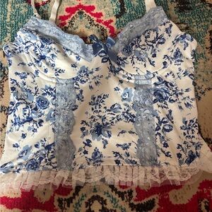 SHEIN White and Blue Floral Lace Top